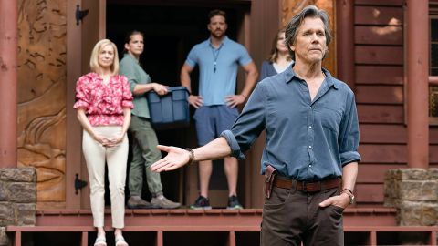 Kevin Bacon (right) plays the leader of a gay-conversion camp in the horror movie 'They/Them. (From left) Carrie Preston, Anna Chlumsky, Boone Platt also star.