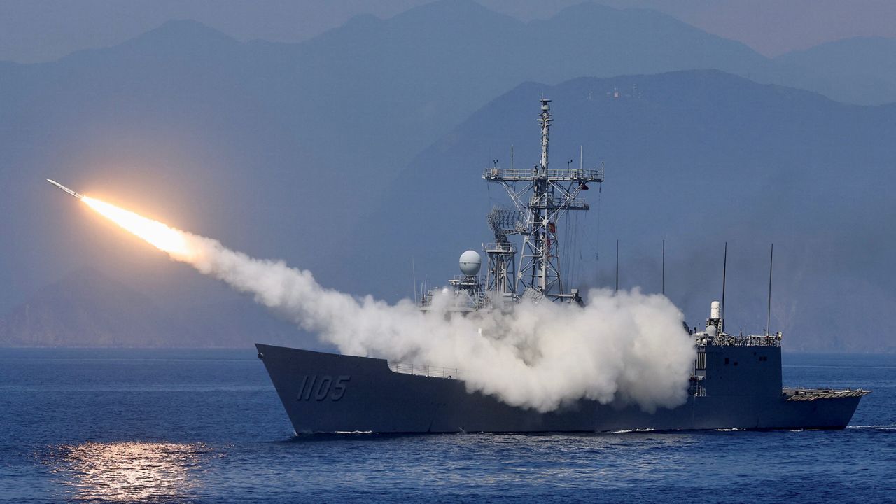 A missile is fired from ROCS Chi Kuang as part of Taiwan's annual "Han Kuang" exercises on July 26.