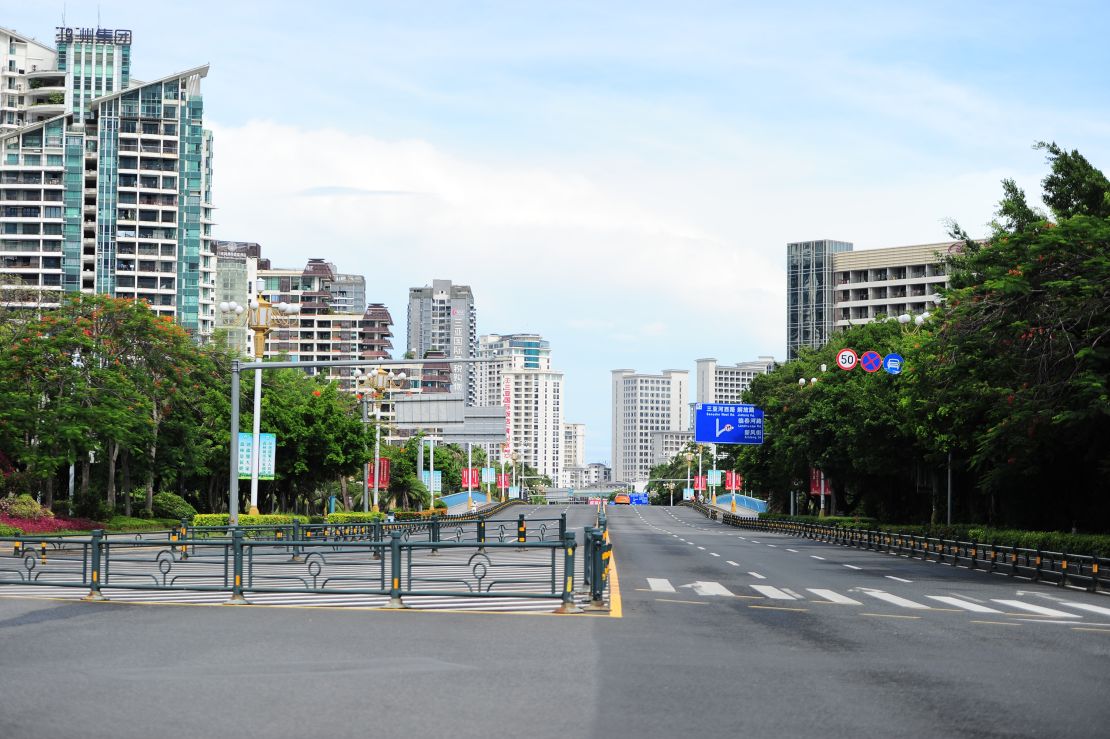An empty street in Sanya, 'China's Hawaii', as it imposes Covid lockdown measures on August 6. 