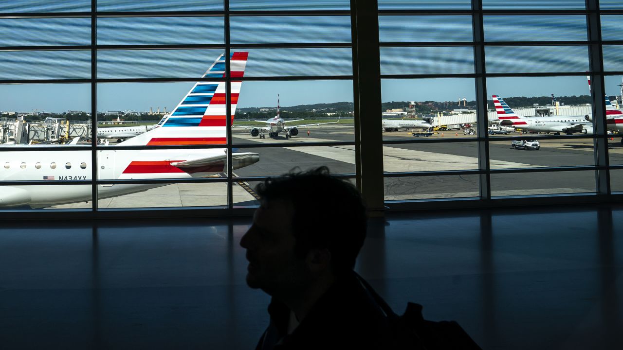 A traveler walks past American Airlines planes gated at Ronald Regan Washington National Airport on July 11, 2022 in Arlington, Virginia. Staffing shortages, the COVID-19 pandemic and other issues have led to historic levels of disruptions in U.S. air travel.