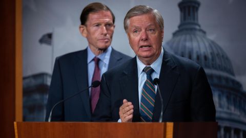 Sens. Richard Blumenthal, left, and Lindsey Graham appear at a news conference in Washington, DC, on July 28, 2022, on a bill to designate Russia a state sponsor of terror.
