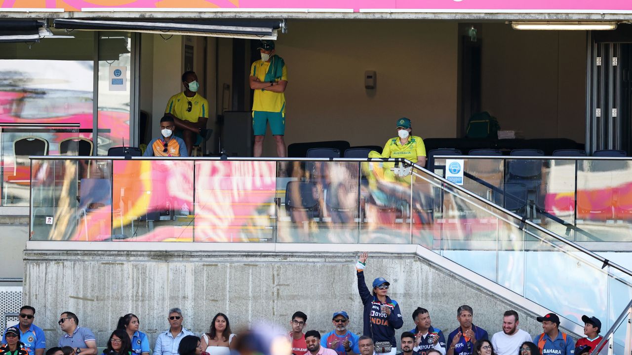Tahlia McGrath looks on whilst wearing a face mask during the Cricket T20 - Gold Medal match between  Australia and India at Edgbaston on August 7, in Birmingham, England.