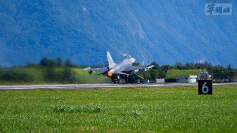 A military aircraft takes off from a Taiwan airport in Hualien for an air patrol operation on August 7. 