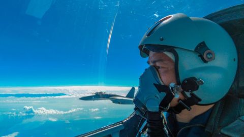 A Chinese People's Liberation Army (PLA) Air Force pilot conducts combat training exercises around Taiwan on August 7, 2022.