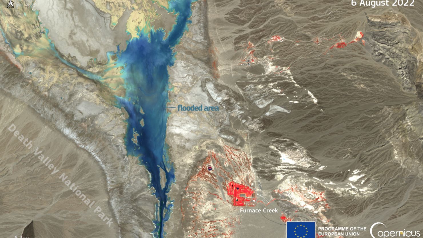 This image, acquired by one of the Copernicus Sentinel-2 satellites on 6 August, shows areas near Furnace Creek, Death Valley's hub, still flooded a day after the event. 