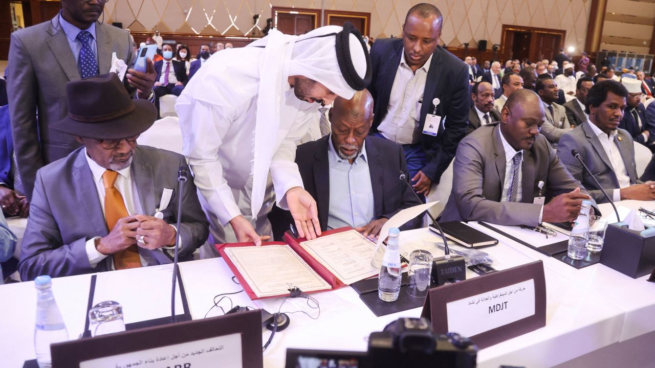 Officials attend a signing agreement for a national dialogue with Chad's transitional military authorities and rebels at Sheraton Hotel in Doha, Qatar August 8, 2022.