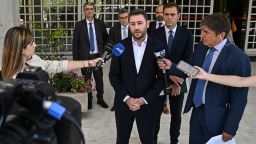 In this photograph taken on July 26, 2022 Nikos Androulakis, a member of European Parliament and president of the Movement for Change (Pasok-Kinal) party, talks to media after filing a complaint at the Supreme Court in Athens over attempted spying on his mobile phone with Predator malware. (Photo by Eurokinissi / AFP) (Photo by STR/Eurokinissi/AFP via Getty Images)