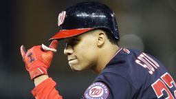 WASHINGTON, DC - OCTOBER 15: Juan Soto #22 of the Washington Nationals celebrates his single in the seventh inning against the St. Louis Cardinals during game four of the National League Championship Series at Nationals Park on October 15, 2019 in Washington, DC. (Photo by Rob Carr/Getty Images)