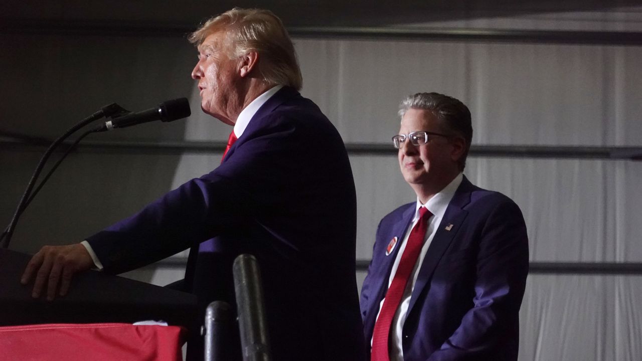 Former President Donald Trump endorses Matthew DePerno for GOP Michigan attorney general nominee during a rally on April 2, 2022 near Washington, Michigan. 