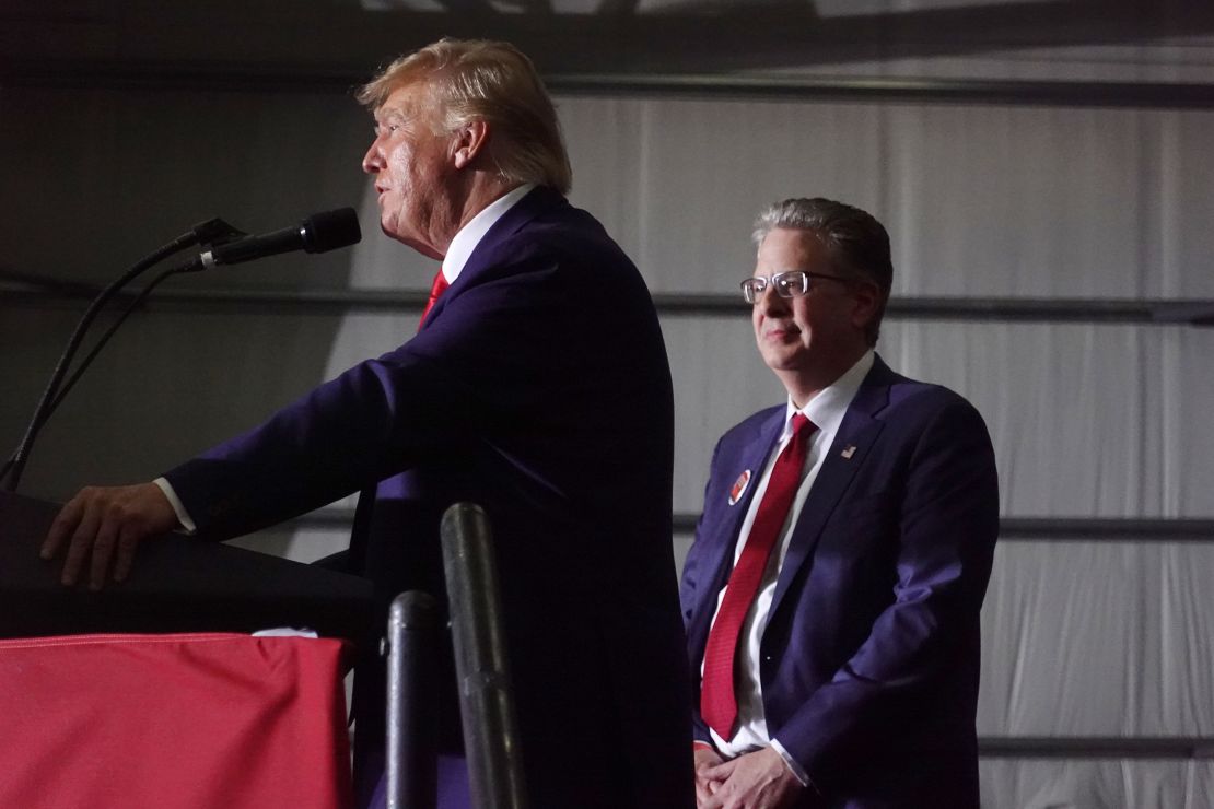 Former President Donald Trump endorses Matthew DePerno for GOP Michigan attorney general nominee during a rally on April 2, 2022 near Washington, Michigan. 