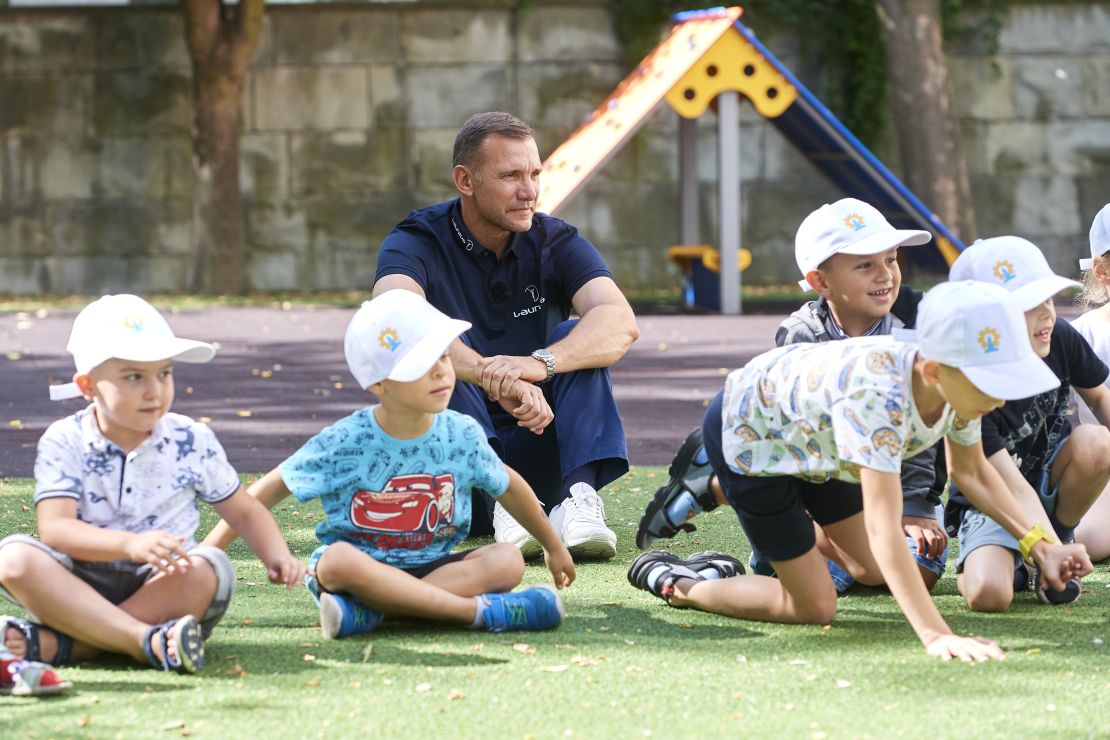 Shevchenko visits a Laureus supported Team Up programme, developed by War Child and Save the Children, on July 25, 2022 in Warsaw, Poland. 