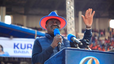Raila Odinga speaks on the final day of campaign at Kasarani Stadium in Nairobi.