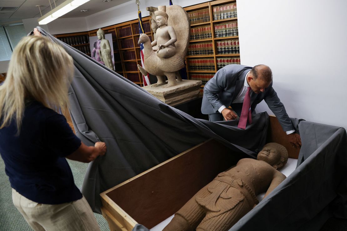 A 10th-century sandstone sculpture pictured ahead of the repatriation ceremony in New York City.