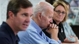 U.S. President Joe Biden is flanked by Kentucky Gov. Andy Beshear and Federal Emergency Management Agency (FEMA) Administrator Deanne Criswell as he attends a FEMA briefing on the federal and state response to recent flooding in Kentucky, at Marie Roberts-Caney Elementary School in Lost Creek, Kentucky, U.S., August 8, 2022. REUTERS/Kevin Lamarque