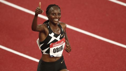 Obiri, pictured celebrating during the 2020 Monaco Diamond League meet, is set to make her marathon debut later this year. 