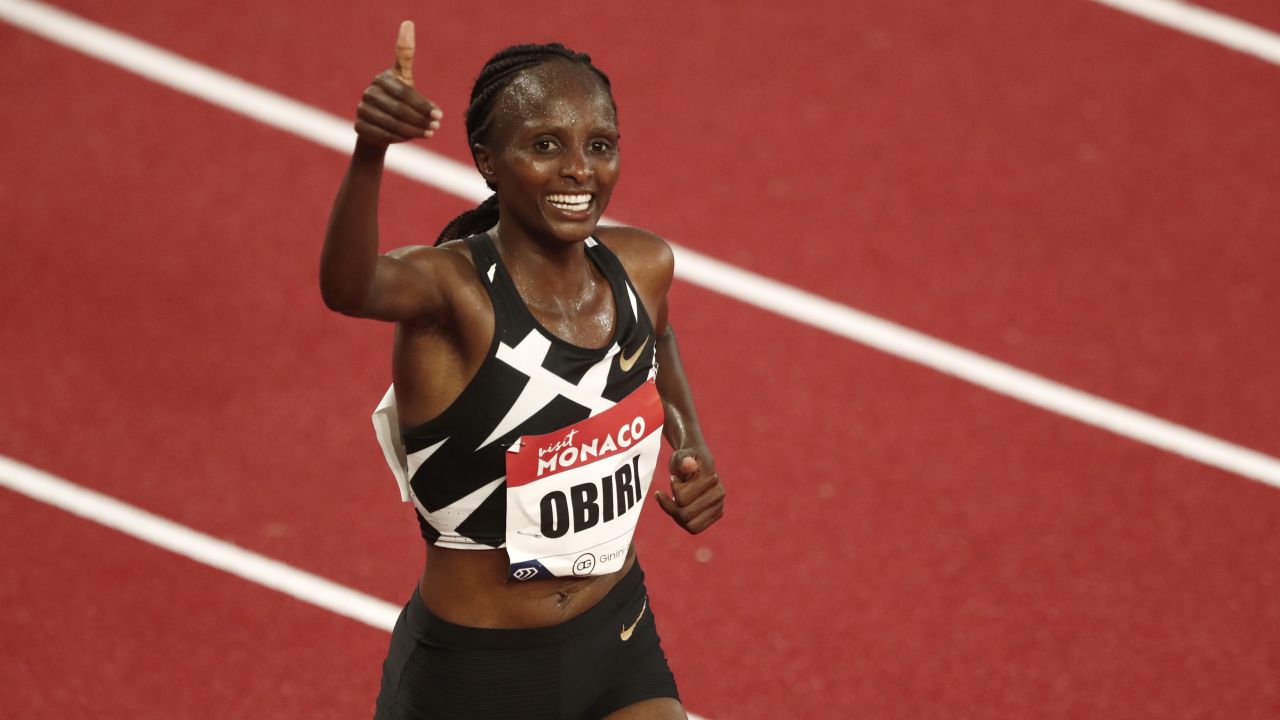 Obiri, pictured celebrating during the 2020 Monaco Diamond League meet, is set to make her marathon debut later this year.