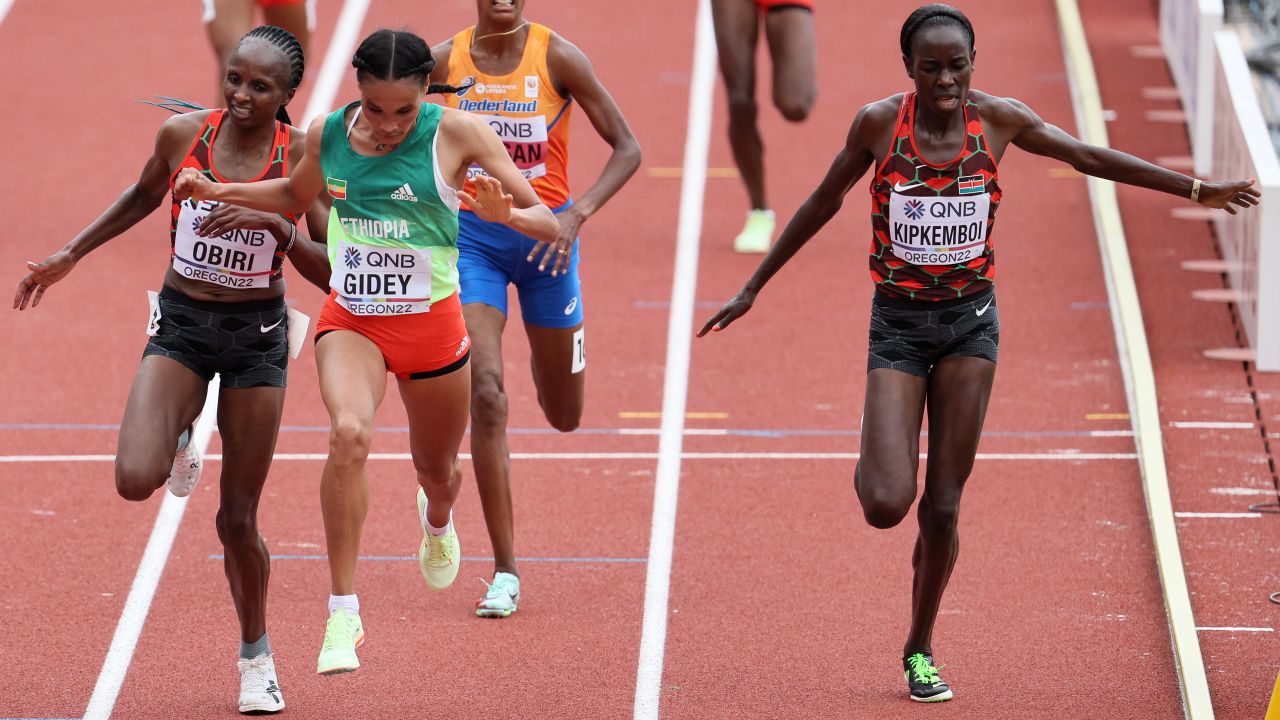 Obiri is narrowly beaten by Ethiopia's Letesenbet Gidey in the 10,000m at this year's World Athletics Championships.