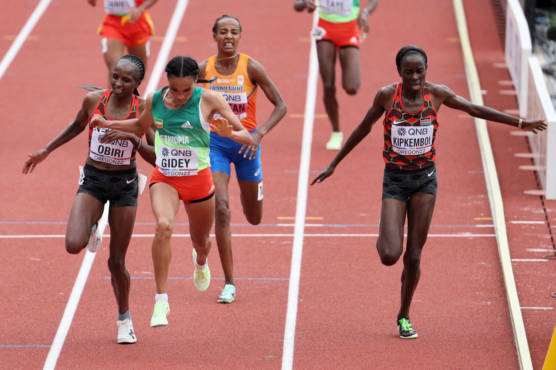 Obiri is narrowly beaten by Ethiopia's Letesenbet Gidey in the 10,000m at this year's World Athletics Championships. 