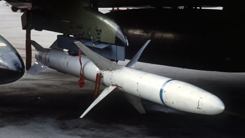 A view of an AGM-88 HARM high-speed anti-radiation missile mcounted beneath the wing of a 37th Tactical Fighter Wing F-4G Phantom II "Wild Weasel" aircraft.