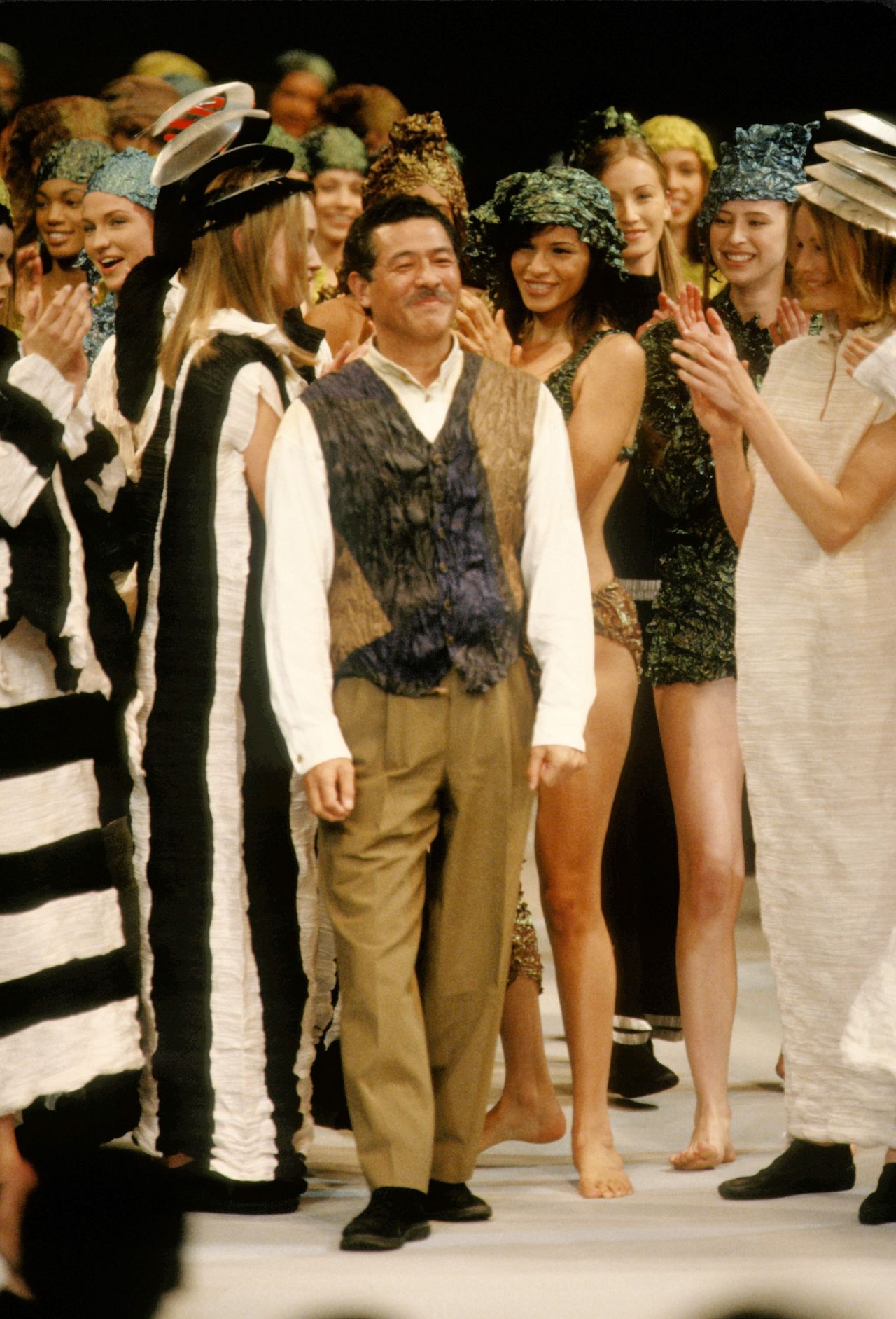 Issey Miyake pictured during Paris Fashion Week in the early 1990s.