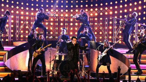 Brendon Urie (center) of Panic! at the Disco performs onstage during the 2019 Billboard Music Awards at MGM Grand Garden Arena on May 1, 2019, in Las Vegas.  