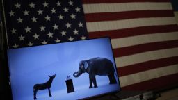 The mascots of the Democratic and Republican parties, a donkey for the Democrats and an elephant for the GOP, are seen on a video screen at Democratic U.S. presidential candidate Hillary Clinton's campaign rally in Cleveland, Ohio March 8, 2016. REUTERS/Carlos Barria
