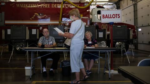 Voters head to the polls at the Village Hall in Waukesha, Wisconsin, on Tuesday. 
