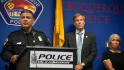 August 9, 2022, Albuquerque, New Mexico, USA: JOURNAL.Albuquerque Police Chief Harold Medina , left is joined at a press conference  by Mayor Tim Keller and Governor Michelle Lujan Grisham in announcing the arrest of Muhammad Syed , a suspect in the recent murders of Muslim men in Albuquerque.Photographed on Tuesday  August 9,  2022.Adolphe Pierre-Louis/JOURNAL (Credit Image: © Adolphe Pierre-Louis/Albuquerque Journal via ZUMA Press Wire)