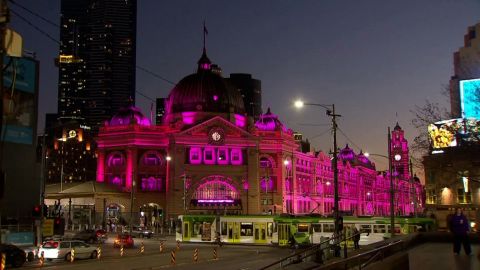 Flinders Street railway station in pink.