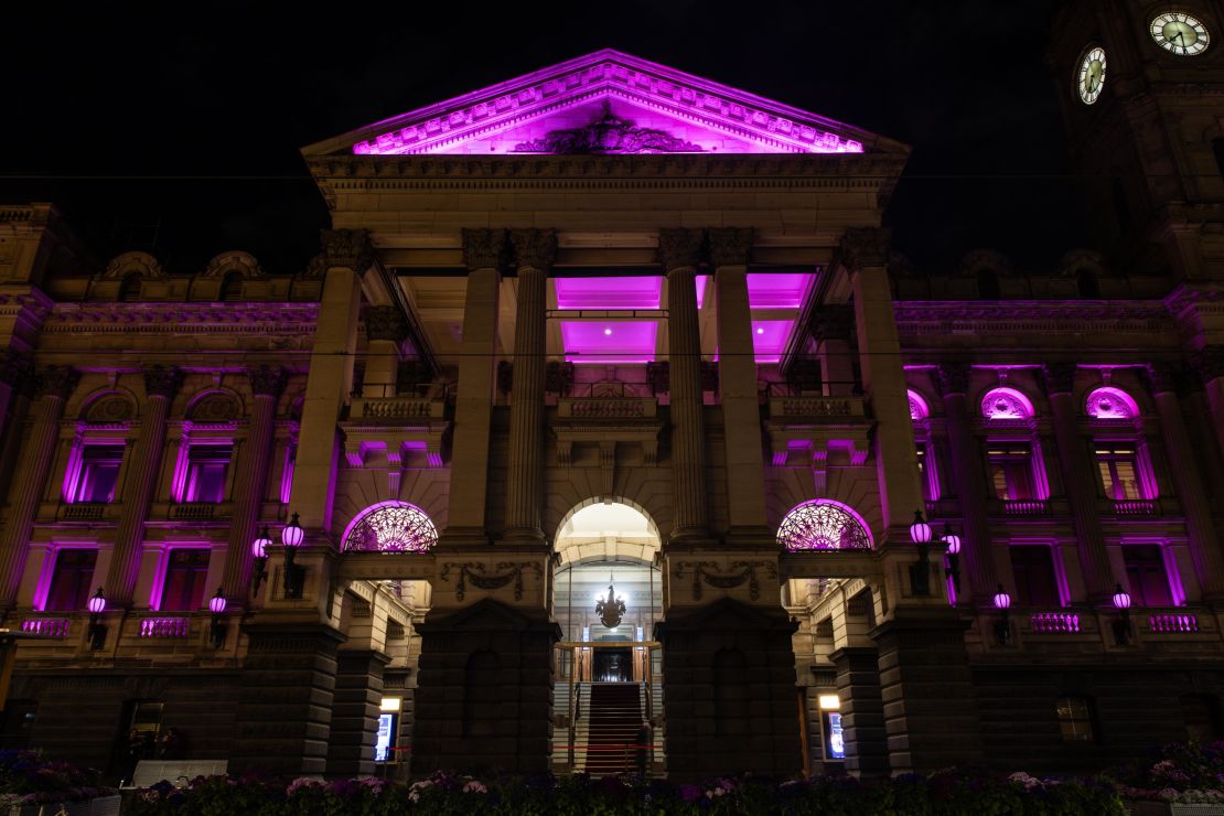 Melbourne Town Hall turned pink on August 9.