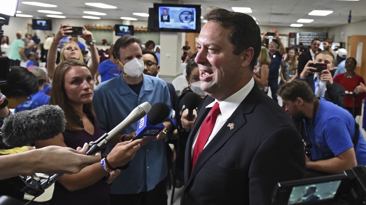 Dan Cox, a candidate for the Maryland Republican gubernatorial nomination, speaks to reporters at his campaign party on primary night, Tuesday, July 19, 2022, in Emmitsburg, Md.
