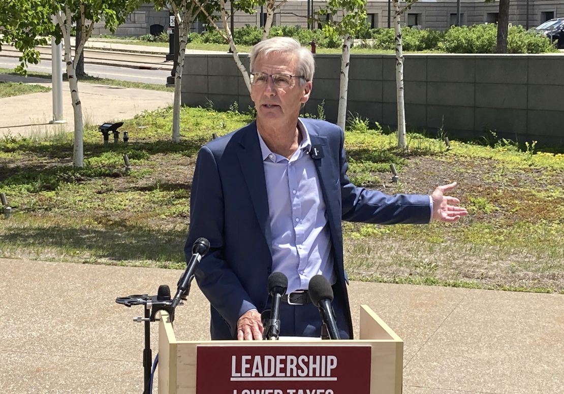Republican gubernatorial candidate Scott Jensen announces a crime-fighting plan June 9, 2022, during a news conference outside the State Capitol in St. Paul. 