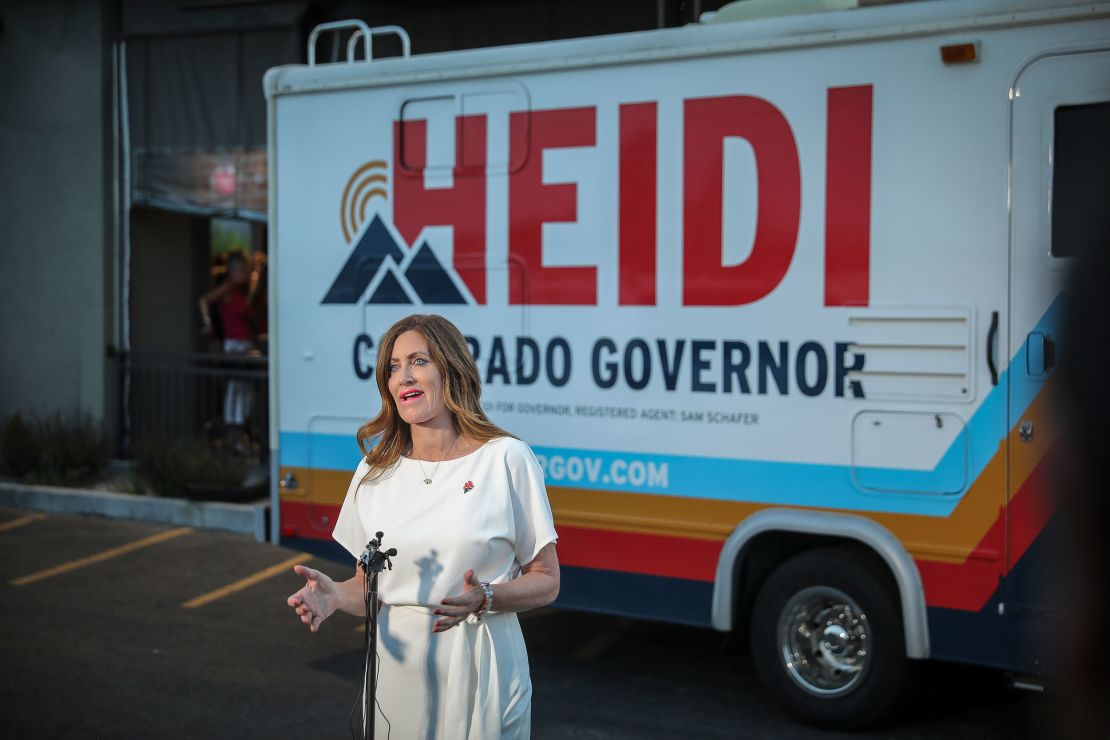 Colorado Republican gubernatorial candidate Heidi Ganahl addresses the media after a watch party at the Wide Open Saloon on June 28, 2022 in Sedalia, Colorado.