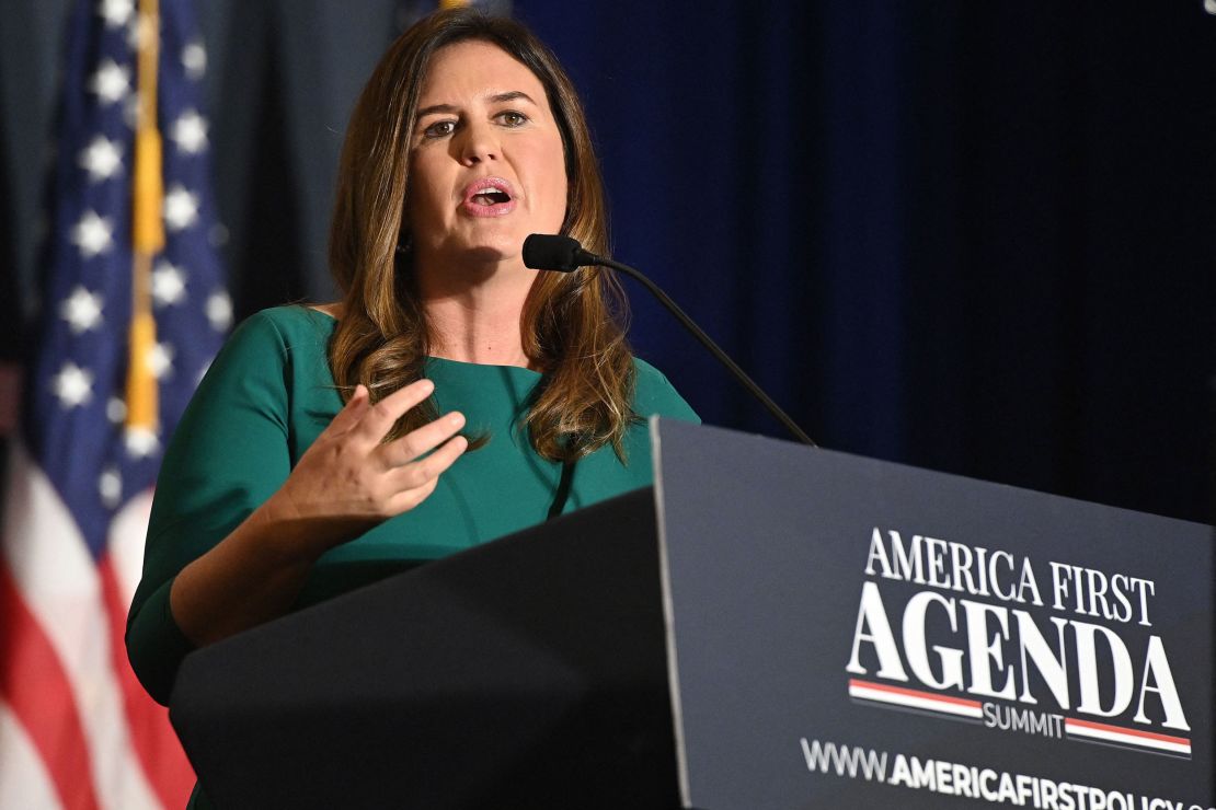 Former White House Press Secretary Sarah Huckabee Sanders speaks at the America First Policy Institute Agenda Summit in Washington, DC, on July 26, 2022. 