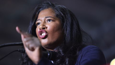 Kristina Karamo, who is running for the Michigan Republican party's nomination for secretary of state, speaks at a rally hosted by former President Donald Trump on April 02, 2022 near Washington, Michigan.