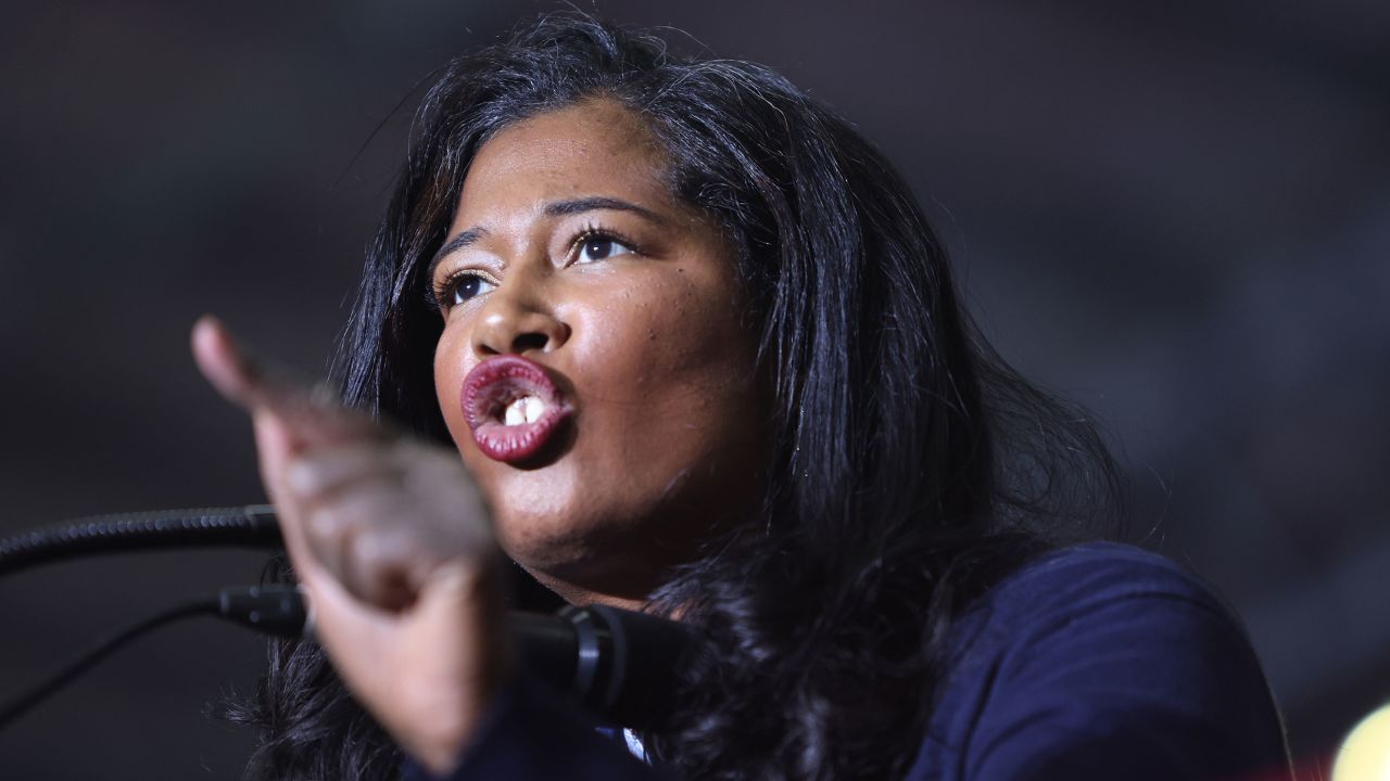 WASHINGTON, MICHIGAN - APRIL 02:  Kristina Karamo, who is running for the Michigan Republican party's nomination for secretary of state, speaks at a rally hosted by former President Donald Trump on April 02, 2022 near Washington, Michigan. Trump is in Michigan to promote his America First agenda and is expected to voice his support of Karamo and Matthew DePerno, who is running for the Michigan Republican party's nomination for state attorney general. 