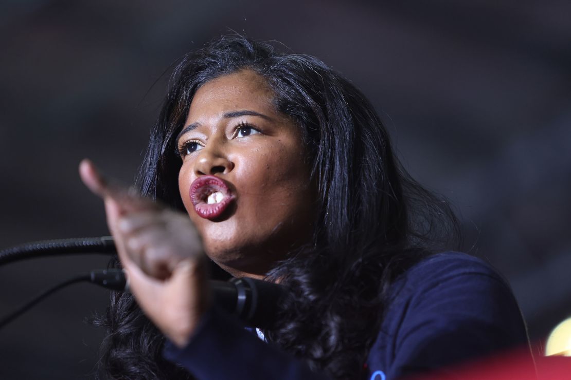 Kristina Karamo, who is running for the Michigan Republican party's nomination for secretary of state, speaks at a rally hosted by former President Donald Trump on April 02, 2022 near Washington, Michigan. 