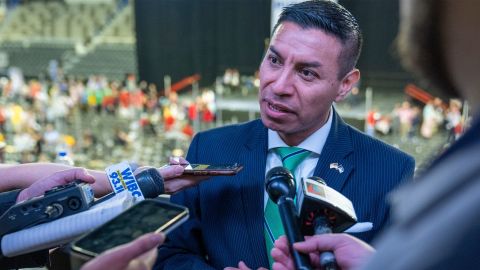 Diego Morales, the GOP pick for Indiana's Secretary of State, does a press conference at the state GOP Convention, Indiana Farmer's Coliseum, Indianapolis, Saturday, June 18, 2022.