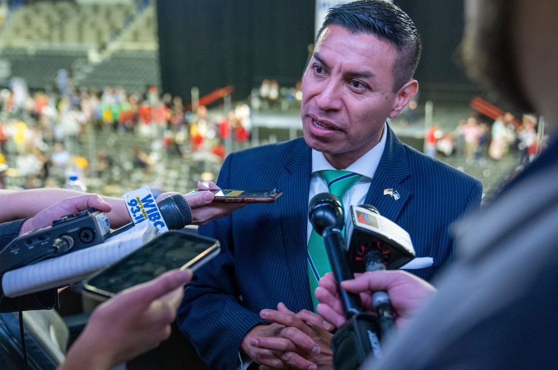 Diego Morales, the GOP pick for Indiana's Secretary of State, does a press conference at the state GOP Convention, Indiana Farmer's Coliseum, Indianapolis, Saturday, June 18, 2022.