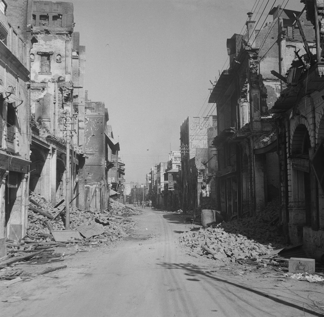 The burned-out Hall Bazaar shopping hub in Amritsar, Punjab, during the Partition of India, 1947. Fighting took place between the city's Muslim, and Sikh and Hindu residents.  