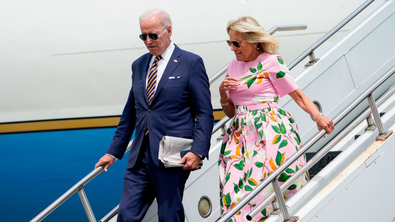 President Joe Biden and first lady Jill Biden arrive at Joint Base Charleston, S.C., Wednesday, Aug. 10, 2022. They are heading to Kiawah Island for a week-long vacation. (AP Photo/Manuel Balce Ceneta)