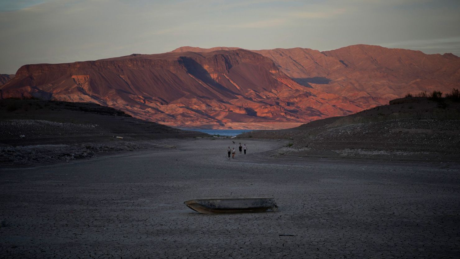 A formerly sunken boat sits on the dry lake bed of Lake Mead in May. 