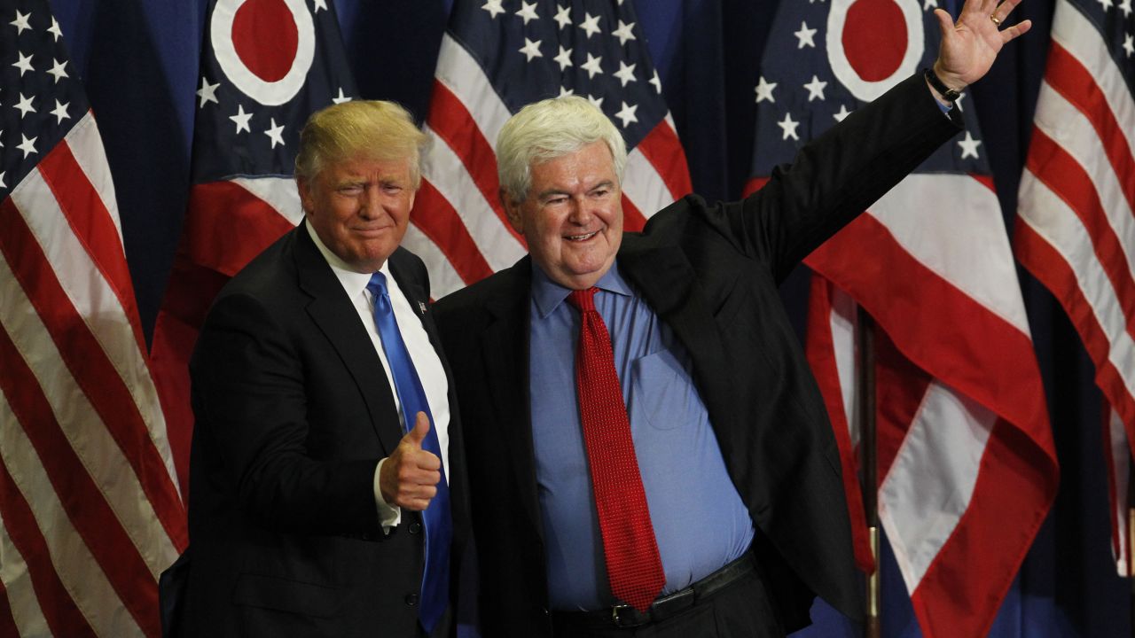 CINCINNATI, OH- JULY 6: Former Speaker of the House Newt Gingrich (R) introduces Republican Presidential candidate Donald Trump during a rally at the Sharonville Convention Center July 6, 2016, in Cincinnati, Ohio. Trump is campaigning  in Ohio ahead of the Republican National Convention in Cleveland next week.     (Photo by John Sommers II/Getty Images)