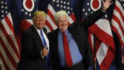 CINCINNATI, OH- JULY 6: Former Speaker of the House Newt Gingrich (R) introduces Republican Presidential candidate Donald Trump during a rally at the Sharonville Convention Center July 6, 2016, in Cincinnati, Ohio. Trump is campaigning  in Ohio ahead of the Republican National Convention in Cleveland next week.     (Photo by John Sommers II/Getty Images)