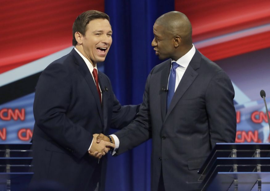 DeSantis shakes hands with Democratic gubernatorial candidate Andrew Gillum after a CNN debate in October 2018.