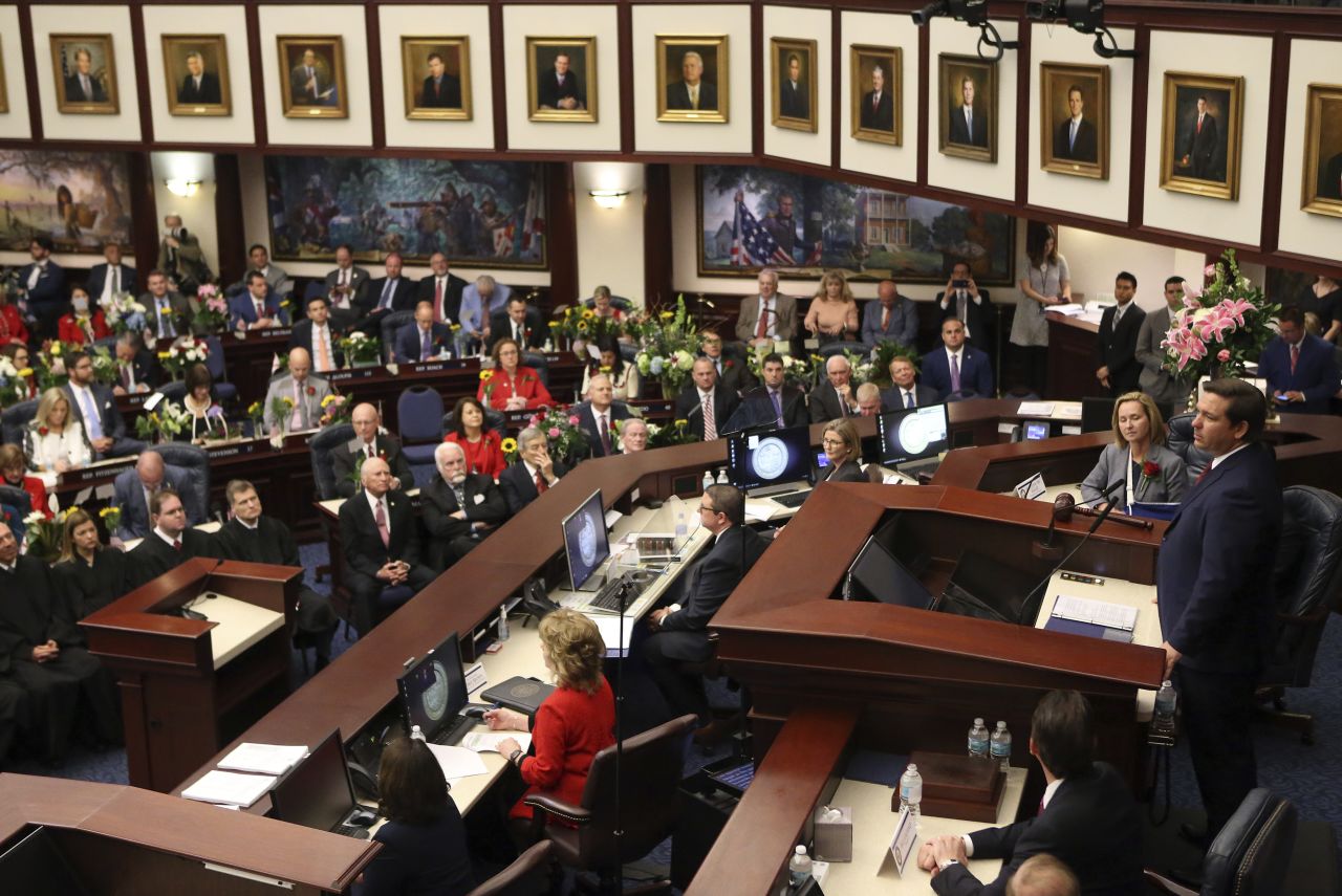 DeSantis gives the state of the state address on the first day of the legislative session in March 2019.