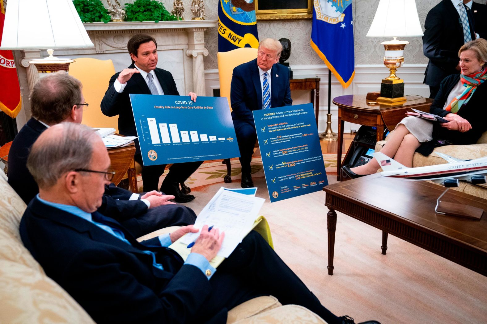 DeSantis speaks while meeting with Trump and White House Coronavirus Task Force Coordinator Deborah Birx in April 2020. Trump met with DeSantis to discuss ways that Florida was planning to gradually re-open the state in the wake of the Covid-19 pandemic.