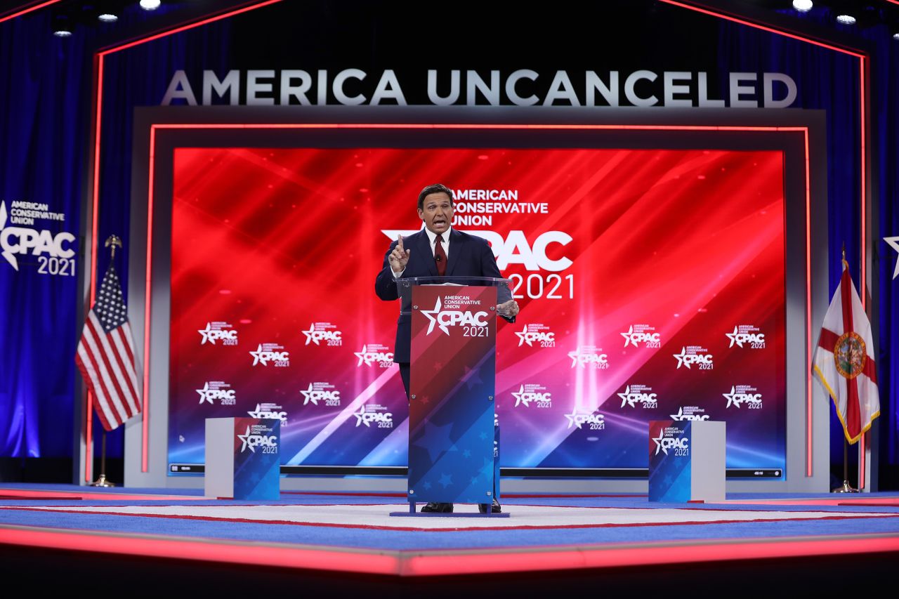 DeSantis speaks at the opening of the Conservative Political Action Conference in February 2021.