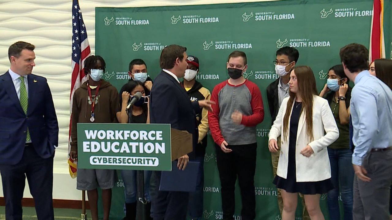 DeSantis <a href="https://www.cnn.com/2022/03/02/politics/ron-desantis-florida-student-masks/index.html" target="_blank">scolds high school students</a> for wearing masks at a March 2022 news conference at the University of South Florida. "You do not have to wear those masks," he told them. "I mean, please take them off." DeSantis had been among the chief skeptics of the efficacy of mask-wearing as a means to mitigate the spread of Covid-19. In 2021, he signed an executive order barring schools from requiring students to wear masks.