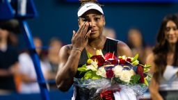 TORONTO, ONTARIO - AUGUST 10: Serena Williams reacts during a post-match ceremony after losing to Belinda Bencic of Switzerland on Day 5 of the National Bank Open, part of the Hologic WTA Tour, at Sobeys Stadium on August 10, 2022 in Toronto, Ontario. (Photo by Robert Prange/Getty Images)